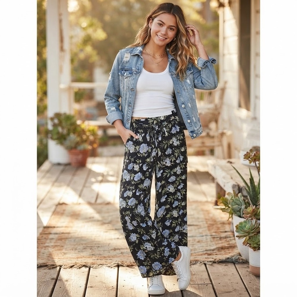 American Eagle Outfitters SZ S Black Blue Floral Split Leg Pants Beach Boho Belt